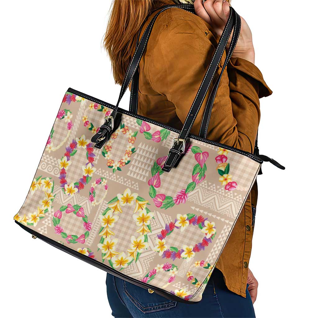 Hawaiian Kakau Tattoo Leis and Palaka Pattern Leather Tote Bag Traditional Aloha Tribal Beige Color LT03 - Polynesian Pride