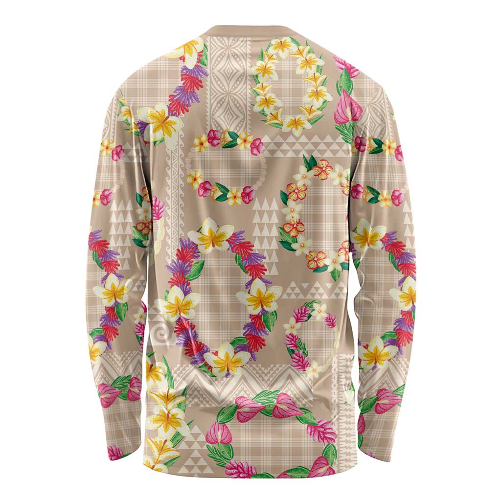 Hawaiian Kakau Tattoo Leis and Palaka Pattern Long Sleeve Shirt Traditional Aloha Tribal Beige Color LT03 - Polynesian Pride