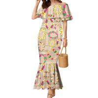 Hawaiian Kakau Tattoo Leis and Palaka Pattern Mermaid Dress Traditional Aloha Tribal Beige Color LT03 Women Beige - Polynesian Pride