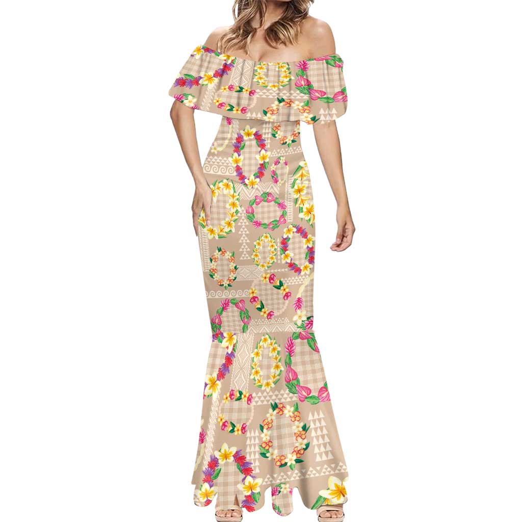 Hawaiian Kakau Tattoo Leis and Palaka Pattern Mermaid Dress Traditional Aloha Tribal Beige Color LT03 - Polynesian Pride