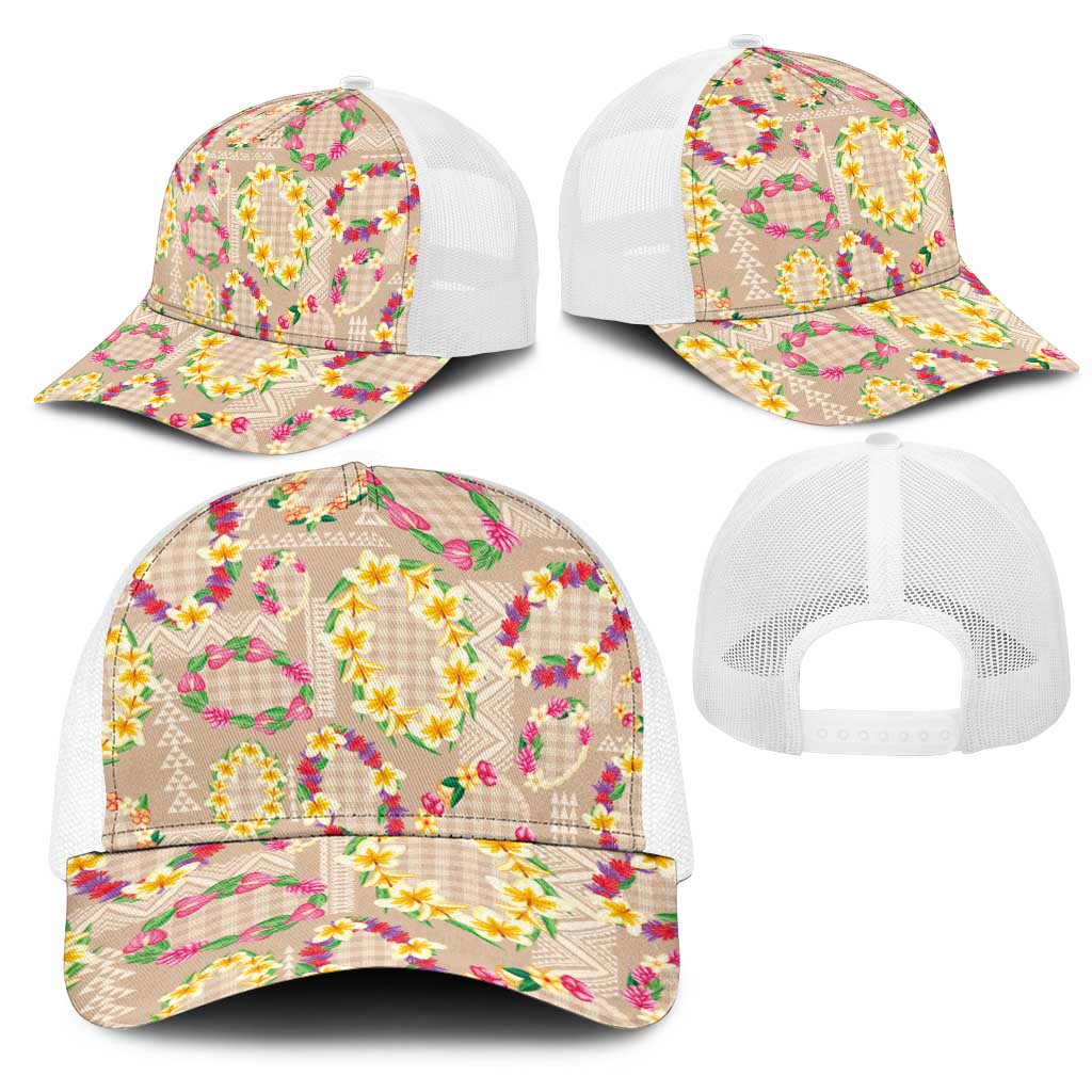 Hawaiian Kakau Tattoo Leis and Palaka Pattern Mesh Trucker Cap Traditional Aloha Tribal Beige Color LT03 - Polynesian Pride