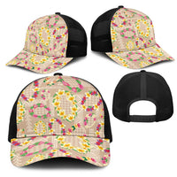 Hawaiian Kakau Tattoo Leis and Palaka Pattern Mesh Trucker Cap Traditional Aloha Tribal Beige Color LT03 - Polynesian Pride