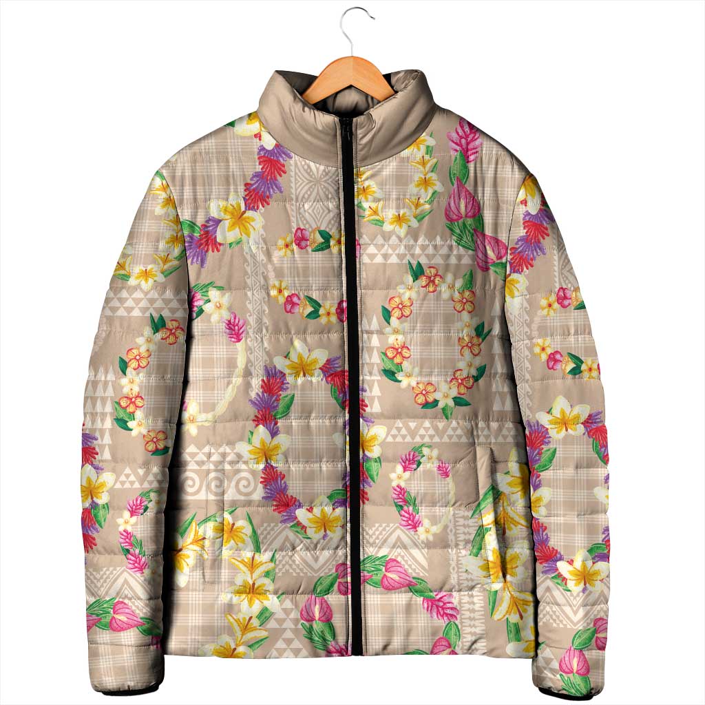 Hawaiian Kakau Tattoo Leis and Palaka Pattern Padded Jacket Traditional Aloha Tribal Beige Color LT03 - Polynesian Pride