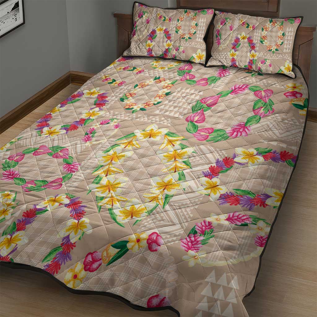 Hawaiian Kakau Tattoo Leis and Palaka Pattern Quilt Bed Set Traditional Aloha Tribal Beige Color LT03 - Polynesian Pride