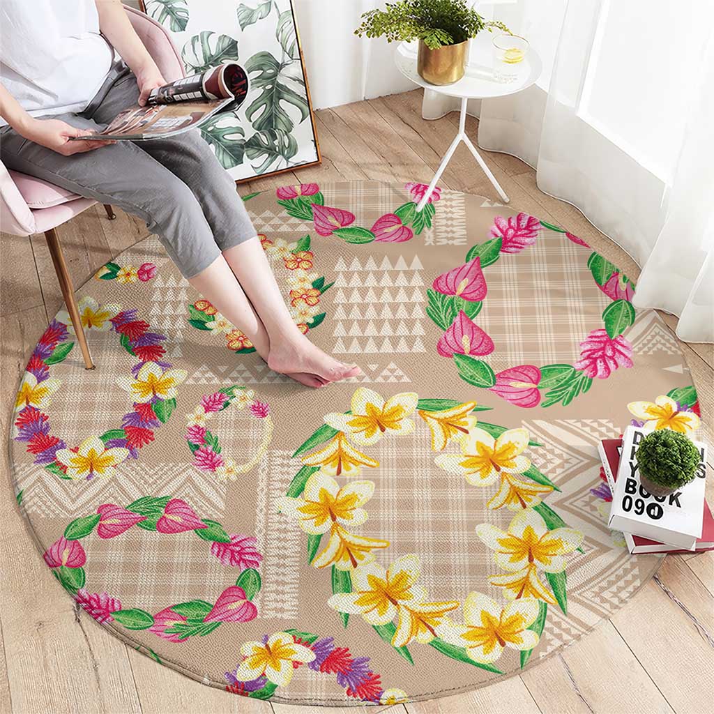 Hawaiian Kakau Tattoo Leis and Palaka Pattern Round Carpet Traditional Aloha Tribal Beige Color LT03 - Polynesian Pride