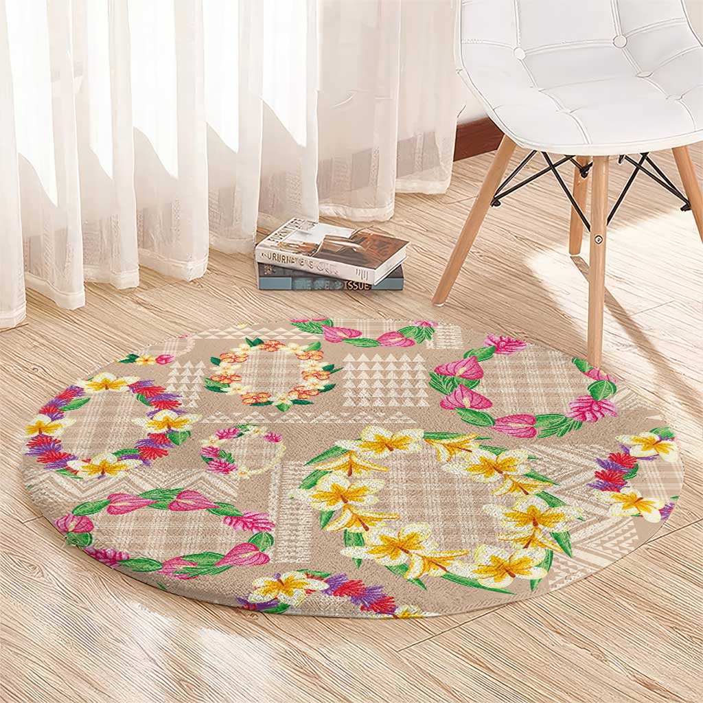 Hawaiian Kakau Tattoo Leis and Palaka Pattern Round Carpet Traditional Aloha Tribal Beige Color LT03 - Polynesian Pride