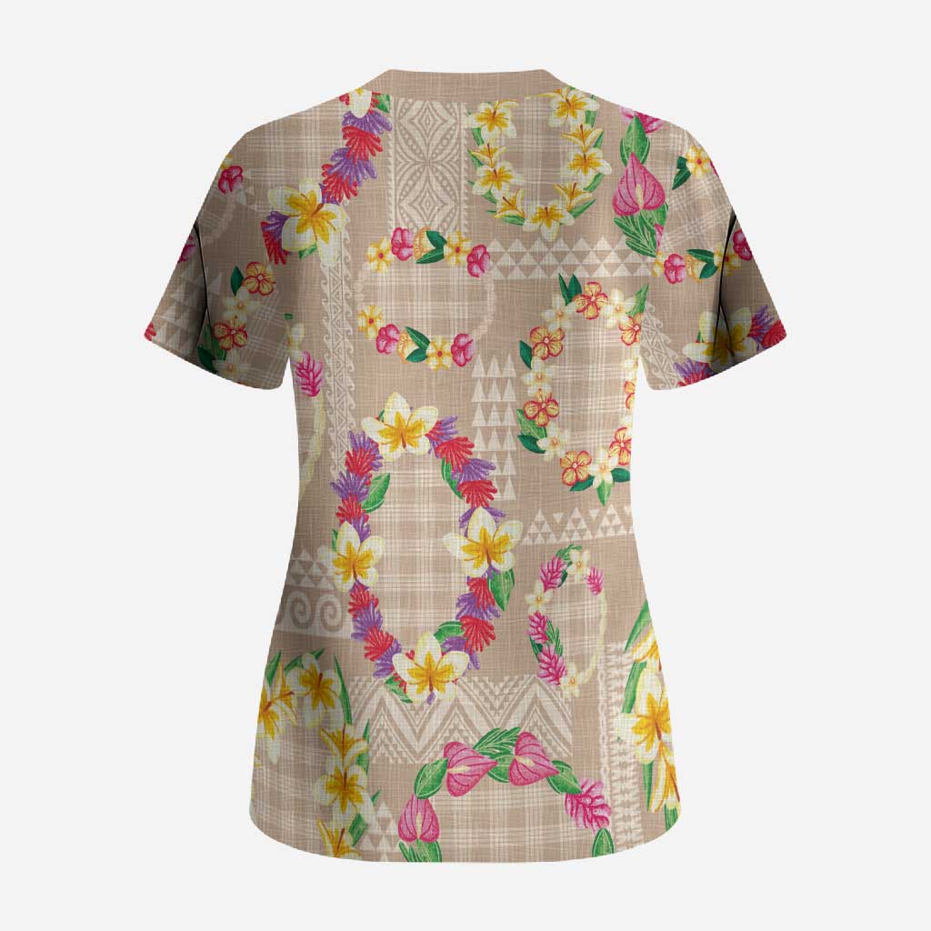 Hawaiian Kakau Tattoo Leis and Palaka Pattern Scrub Top Traditional Aloha Tribal Beige Color LT03 - Polynesian Pride