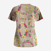Hawaiian Kakau Tattoo Leis and Palaka Pattern Scrub Top Traditional Aloha Tribal Beige Color LT03 - Polynesian Pride
