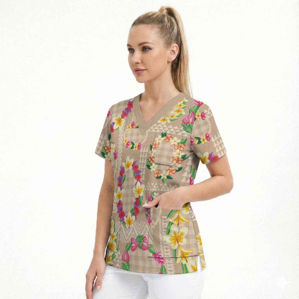 Hawaiian Kakau Tattoo Leis and Palaka Pattern Scrub Top Traditional Aloha Tribal Beige Color LT03 - Polynesian Pride