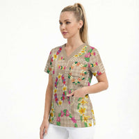 Hawaiian Kakau Tattoo Leis and Palaka Pattern Scrub Top Traditional Aloha Tribal Beige Color LT03 - Polynesian Pride