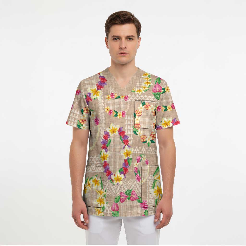 Hawaiian Kakau Tattoo Leis and Palaka Pattern Scrub Top Traditional Aloha Tribal Beige Color LT03 - Polynesian Pride