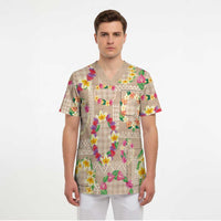 Hawaiian Kakau Tattoo Leis and Palaka Pattern Scrub Top Traditional Aloha Tribal Beige Color LT03 - Polynesian Pride