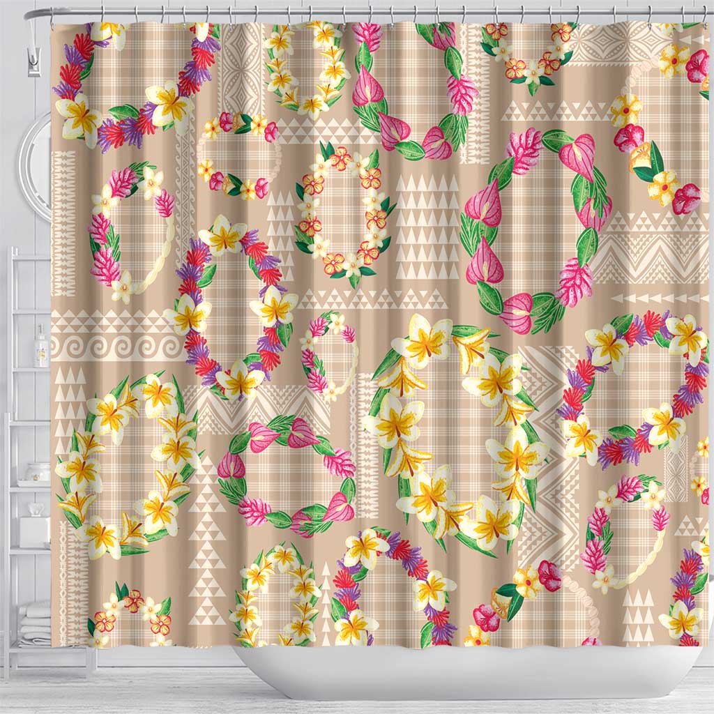 Hawaiian Kakau Tattoo Leis and Palaka Pattern Shower Curtain Traditional Aloha Tribal Beige Color LT03 - Polynesian Pride