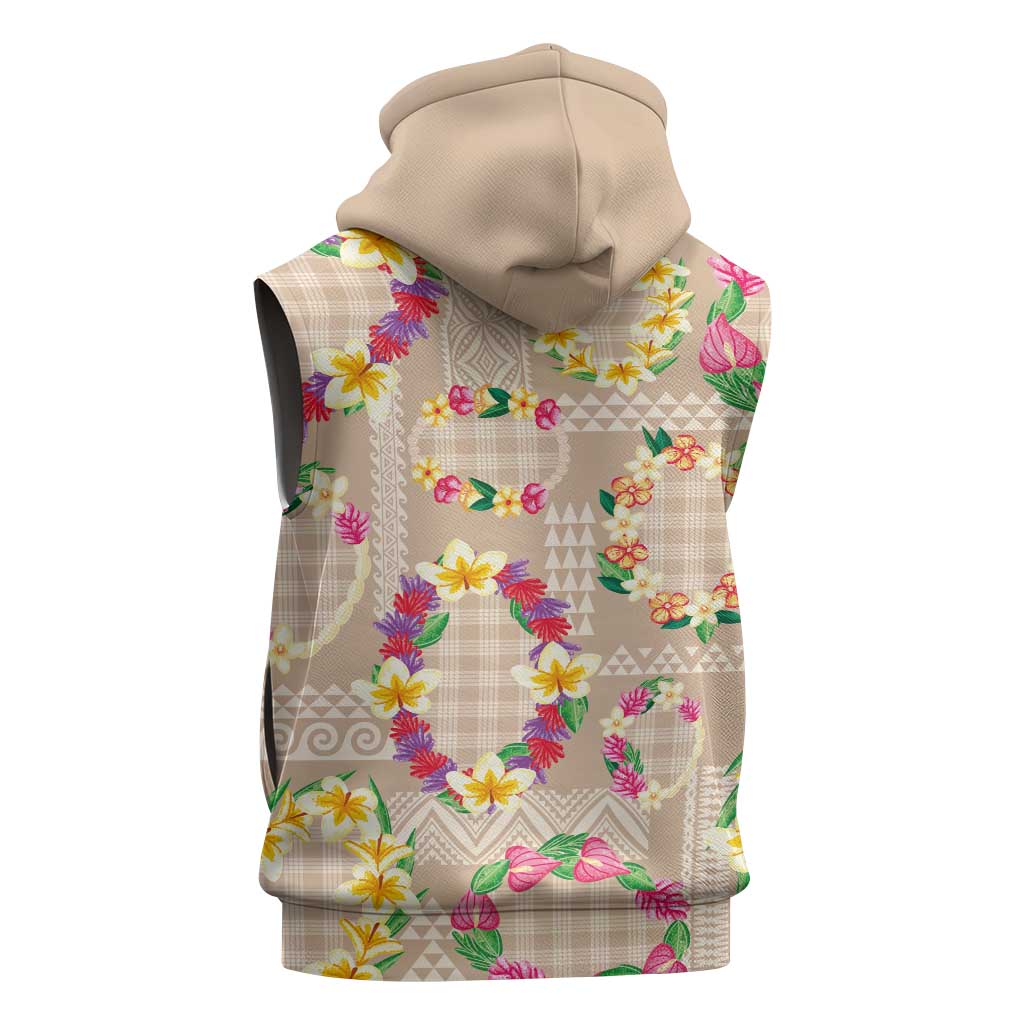Hawaiian Kakau Tattoo Leis and Palaka Pattern Sleeveless Hoodie Traditional Aloha Tribal Beige Color LT03 - Polynesian Pride