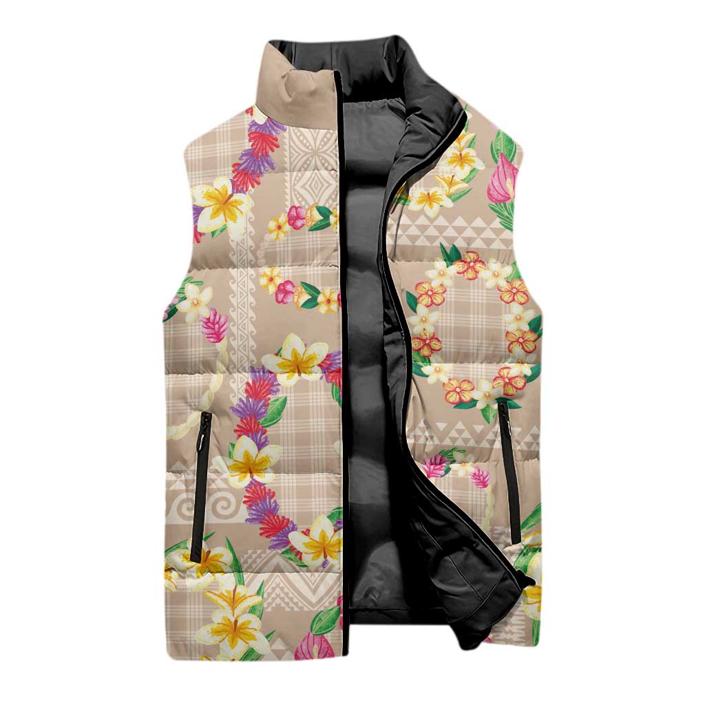 Hawaiian Kakau Tattoo Leis and Palaka Pattern Sleeveless Puffer Jacket Traditional Aloha Tribal Beige Color LT03 - Polynesian Pride
