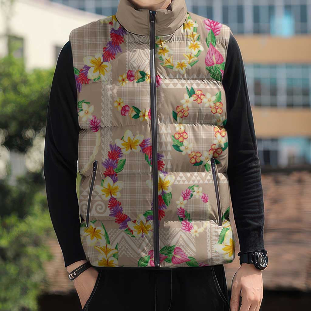 Hawaiian Kakau Tattoo Leis and Palaka Pattern Sleeveless Puffer Jacket Traditional Aloha Tribal Beige Color LT03 - Polynesian Pride