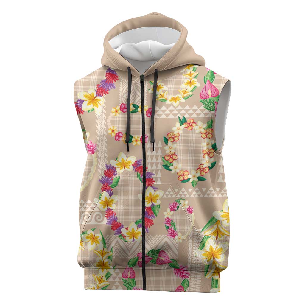 Hawaiian Kakau Tattoo Leis and Palaka Pattern Sleeveless Zip Hoodie Traditional Aloha Tribal Beige Color LT03 Beige - Polynesian Pride