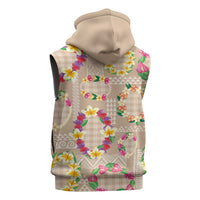 Hawaiian Kakau Tattoo Leis and Palaka Pattern Sleeveless Zip Hoodie Traditional Aloha Tribal Beige Color LT03 - Polynesian Pride