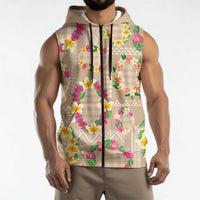 Hawaiian Kakau Tattoo Leis and Palaka Pattern Sleeveless Zip Hoodie Traditional Aloha Tribal Beige Color LT03 - Polynesian Pride