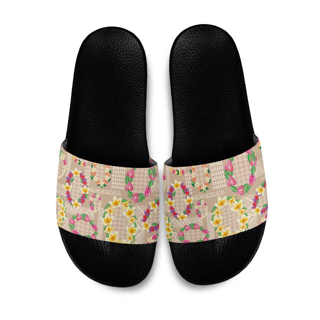 Hawaiian Kakau Tattoo Leis and Palaka Pattern Slide Sandals Traditional Aloha Tribal Beige Color