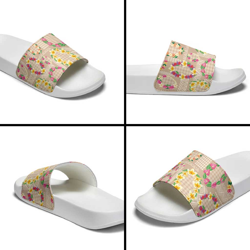 Hawaiian Kakau Tattoo Leis and Palaka Pattern Slide Sandals Traditional Aloha Tribal Beige Color LT03 - Polynesian Pride