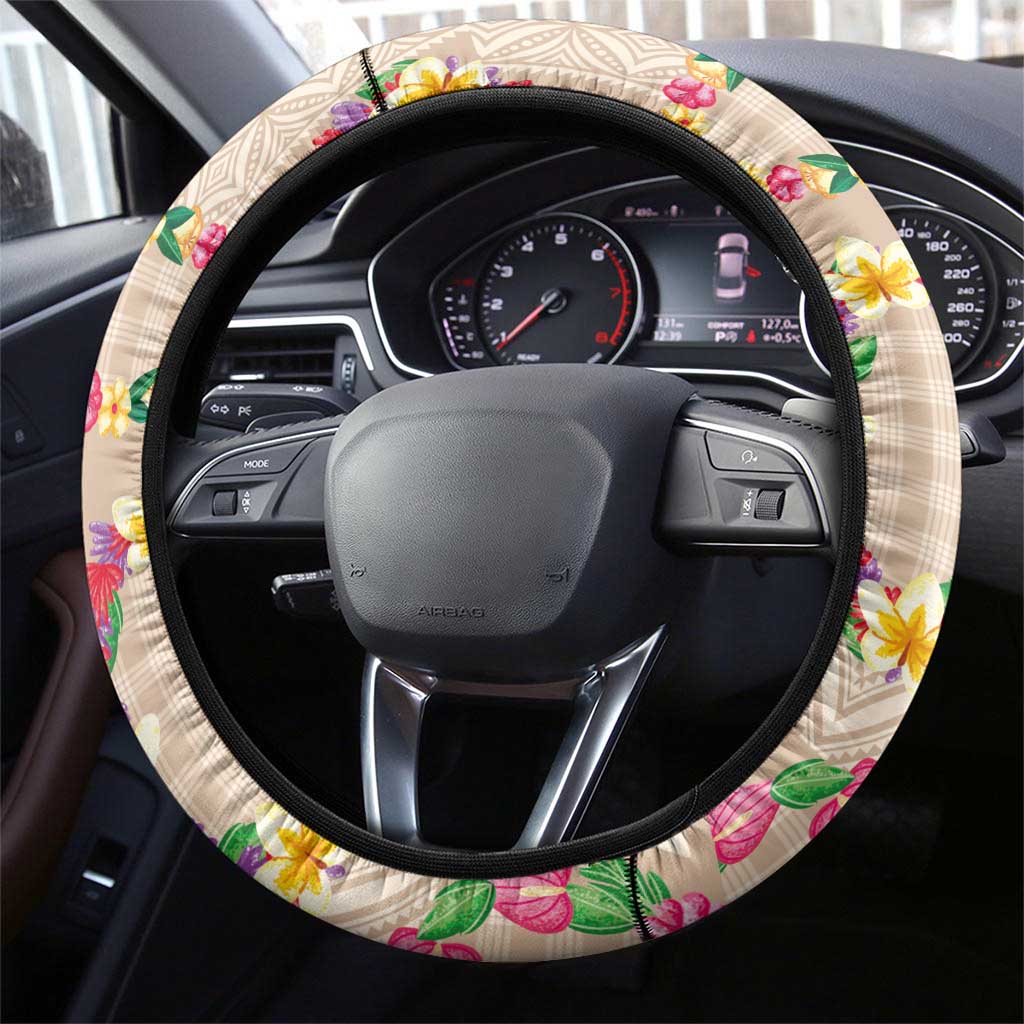 Hawaiian Kakau Tattoo Leis and Palaka Pattern Steering Wheel Cover Traditional Aloha Tribal Beige Color LT03 - Polynesian Pride