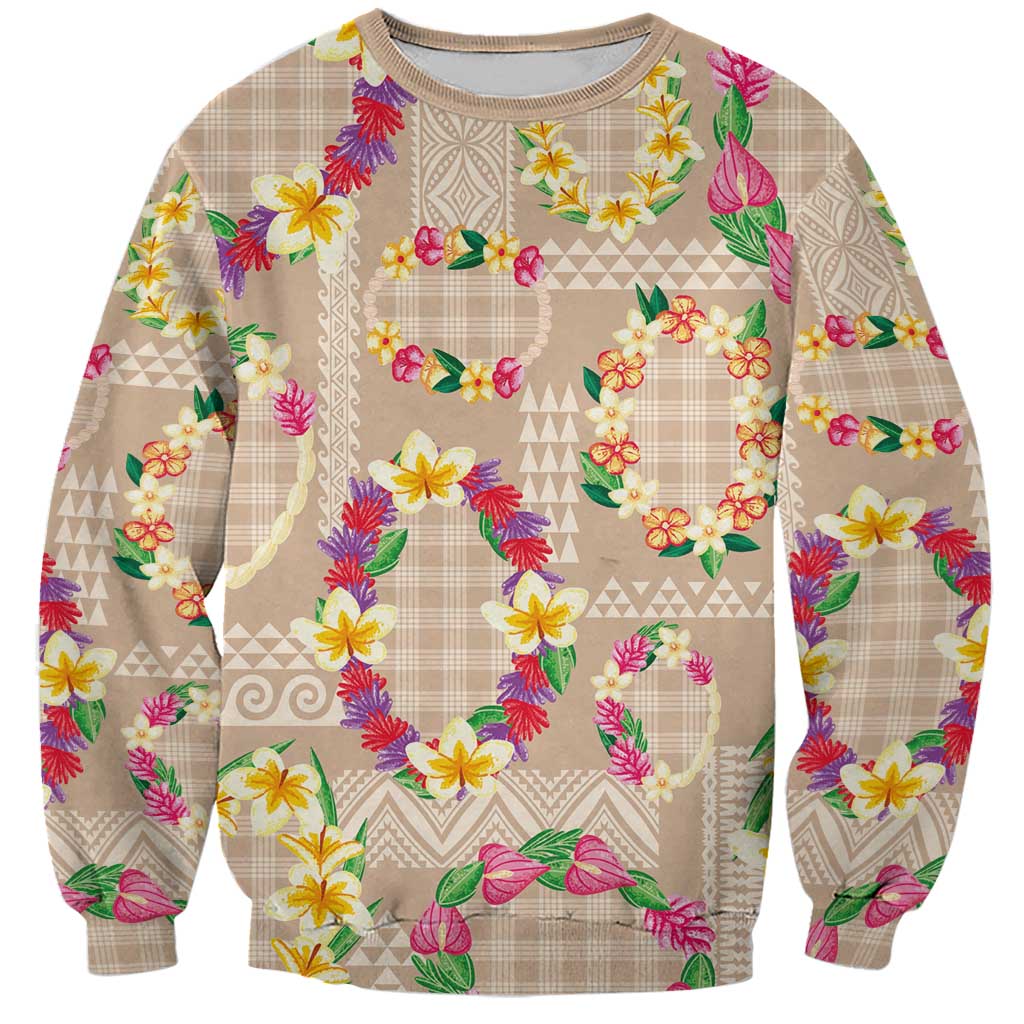 Hawaiian Kakau Tattoo Leis and Palaka Pattern Sweatshirt Traditional Aloha Tribal Beige Color LT03 Unisex Beige - Polynesian Pride