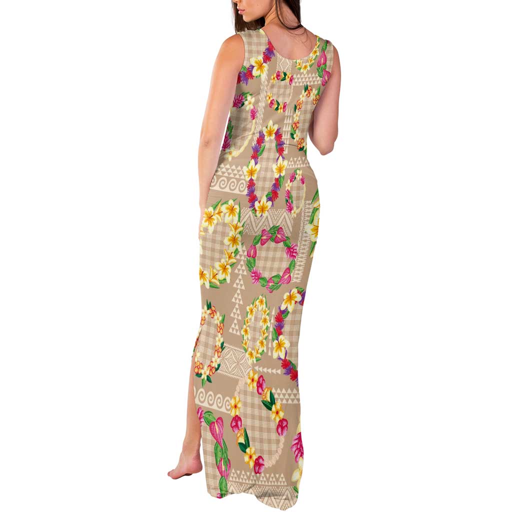 Hawaiian Kakau Tattoo Leis and Palaka Pattern Tank Maxi Dress Traditional Aloha Tribal Beige Color LT03 - Polynesian Pride