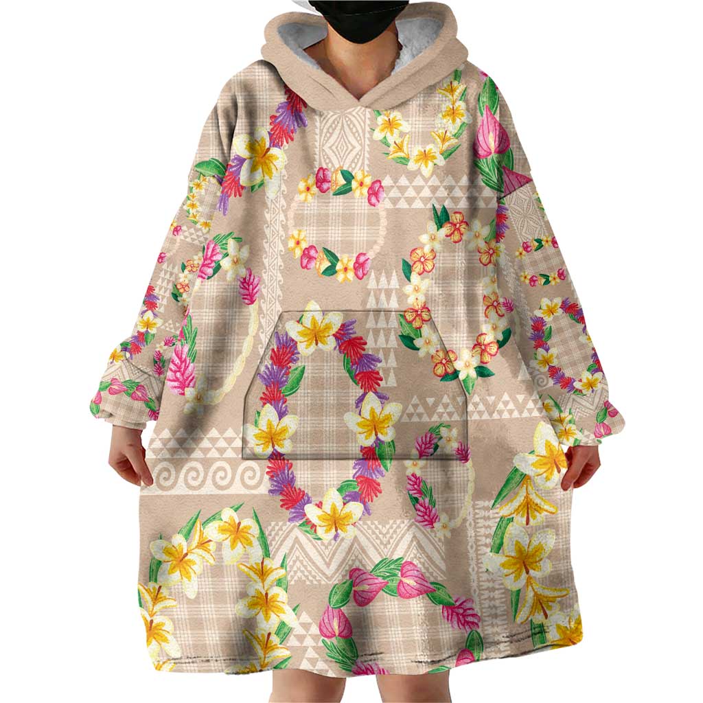 Hawaiian Kakau Tattoo Leis and Palaka Pattern Wearable Blanket Hoodie Traditional Aloha Tribal Beige Color LT03 - Polynesian Pride