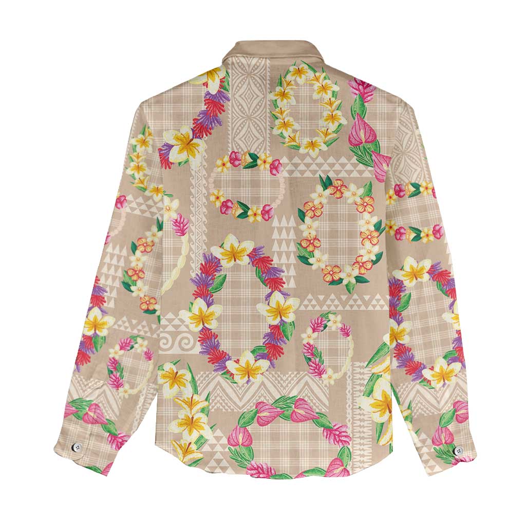 Hawaiian Kakau Tattoo Leis and Palaka Pattern Women Casual Shirt Traditional Aloha Tribal Beige Color LT03 - Polynesian Pride