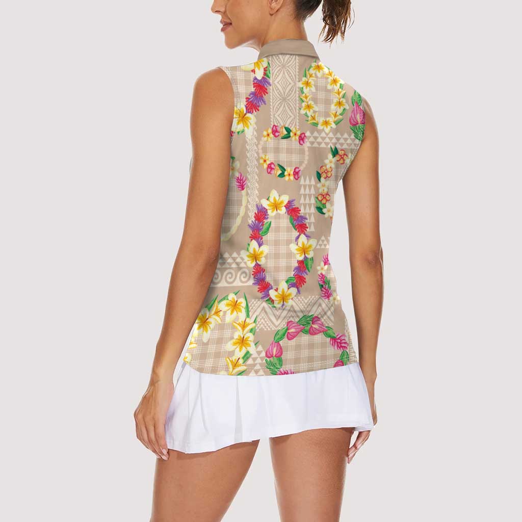 Hawaiian Kakau Tattoo Leis and Palaka Pattern Women Sleeveless Polo Shirt Traditional Aloha Tribal Beige Color LT03 - Polynesian Pride