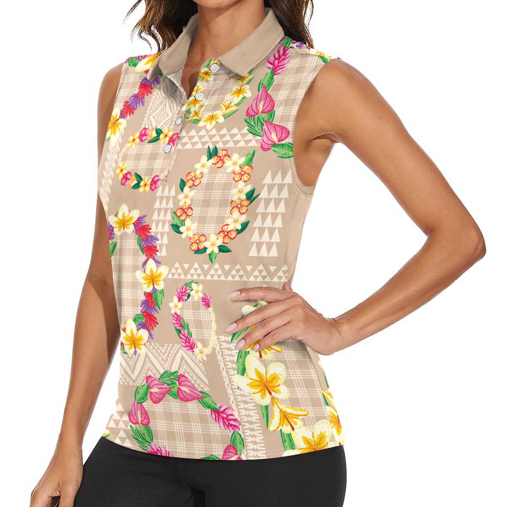 Hawaiian Kakau Tattoo Leis and Palaka Pattern Women Sleeveless Polo Shirt Traditional Aloha Tribal Beige Color LT03 - Polynesian Pride
