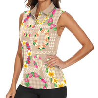 Hawaiian Kakau Tattoo Leis and Palaka Pattern Women Sleeveless Polo Shirt Traditional Aloha Tribal Beige Color LT03 - Polynesian Pride