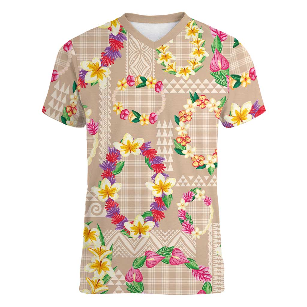 Hawaiian Kakau Tattoo Leis and Palaka Pattern Women V-Neck T-Shirt Traditional Aloha Tribal Beige Color