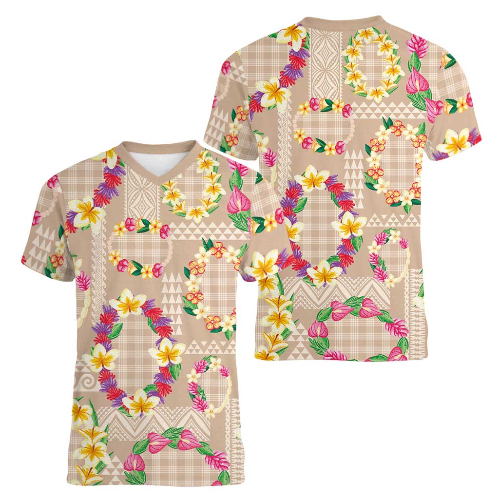Hawaiian Kakau Tattoo Leis and Palaka Pattern Women V-Neck T-Shirt Traditional Aloha Tribal Beige Color LT03 - Polynesian Pride