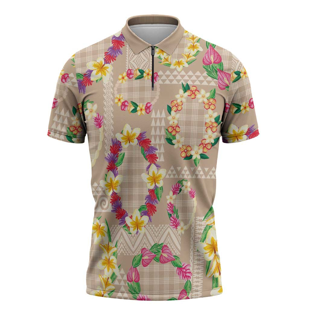 Hawaiian Kakau Tattoo Leis and Palaka Pattern Zipper Polo Shirt Traditional Aloha Tribal Beige Color LT03 Beige - Polynesian Pride