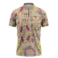 Hawaiian Kakau Tattoo Leis and Palaka Pattern Zipper Polo Shirt Traditional Aloha Tribal Beige Color LT03 Beige - Polynesian Pride