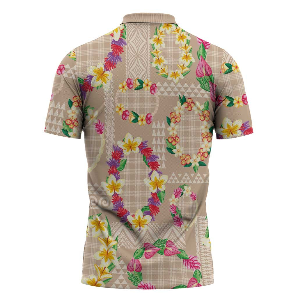 Hawaiian Kakau Tattoo Leis and Palaka Pattern Zipper Polo Shirt Traditional Aloha Tribal Beige Color LT03 - Polynesian Pride