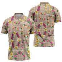 Hawaiian Kakau Tattoo Leis and Palaka Pattern Zipper Polo Shirt Traditional Aloha Tribal Beige Color LT03 - Polynesian Pride