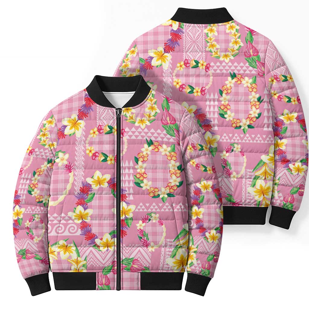 Hawaiian Leis Bomber Puffer Jacket Kakau Tattoos and Palaka Pastel Pink Color LT03 - Polynesian Pride