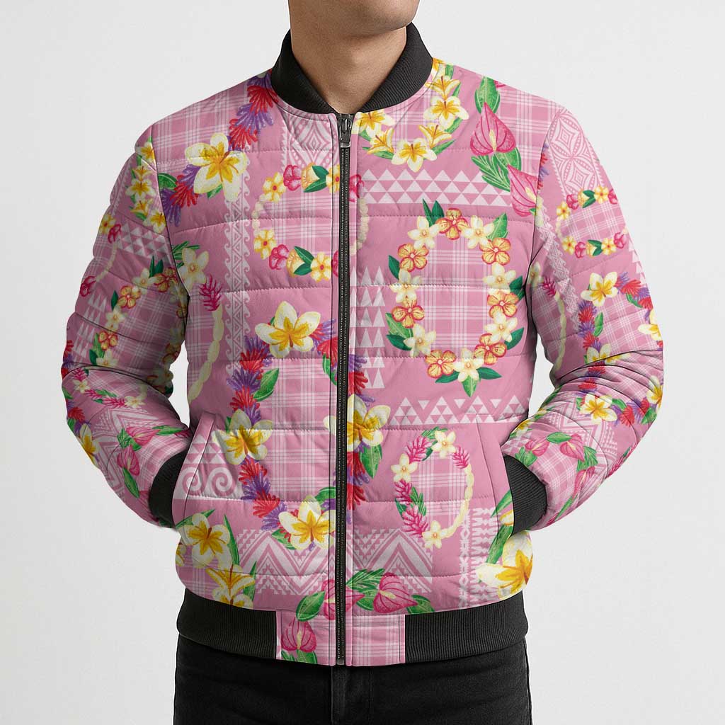 Hawaiian Leis Bomber Puffer Jacket Kakau Tattoos and Palaka Pastel Pink Color LT03 - Polynesian Pride
