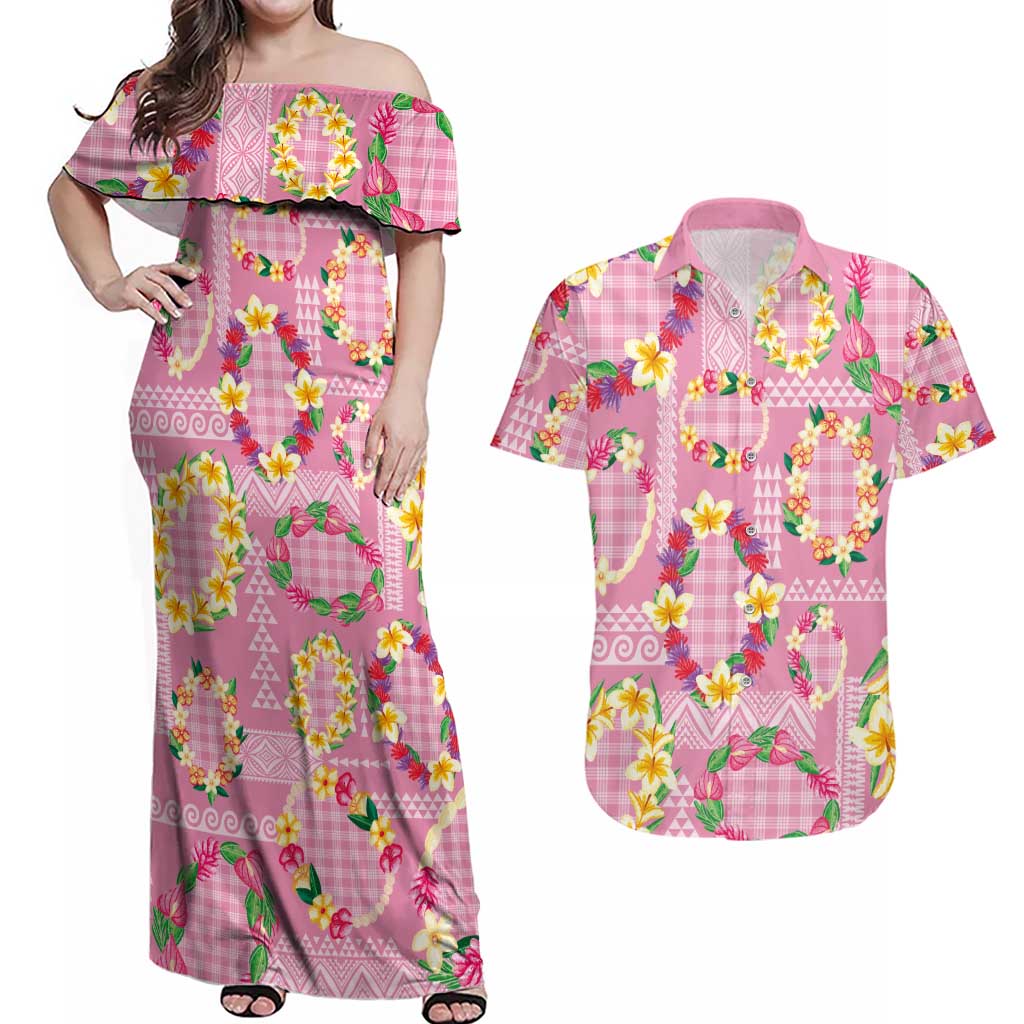 Hawaiian Leis Couples Matching Off Shoulder Maxi Dress and Hawaiian Shirt Kakau Tattoos and Palaka Pastel Pink Color