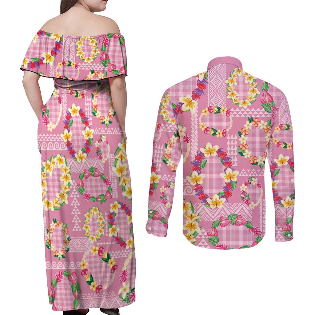 Hawaiian Leis Couples Matching Off Shoulder Maxi Dress and Long Sleeve Button Shirt Kakau Tattoos and Palaka Pastel Pink Color LT03 - Polynesian Pride