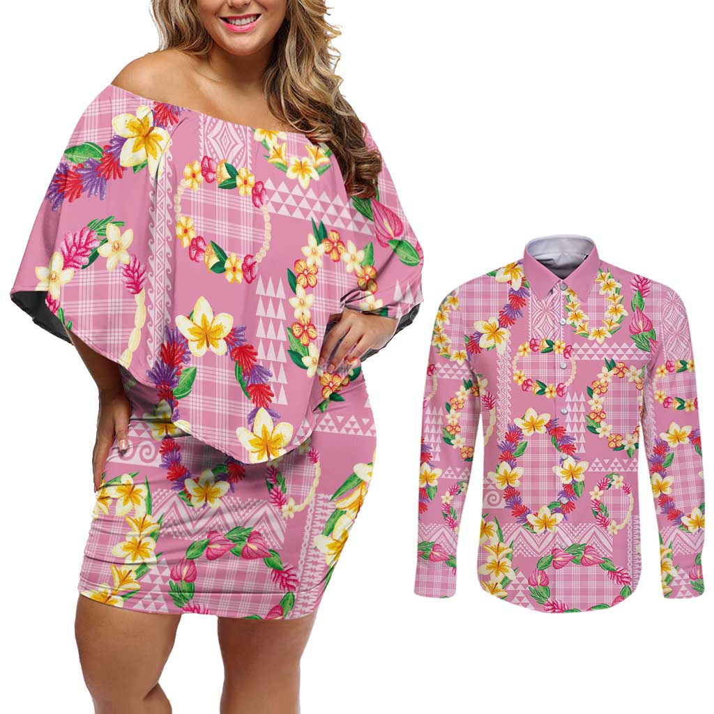 Hawaiian Leis Couples Matching Off Shoulder Short Dress and Long Sleeve Button Shirt Kakau Tattoos and Palaka Pastel Pink Color LT03 Pink - Polynesian Pride