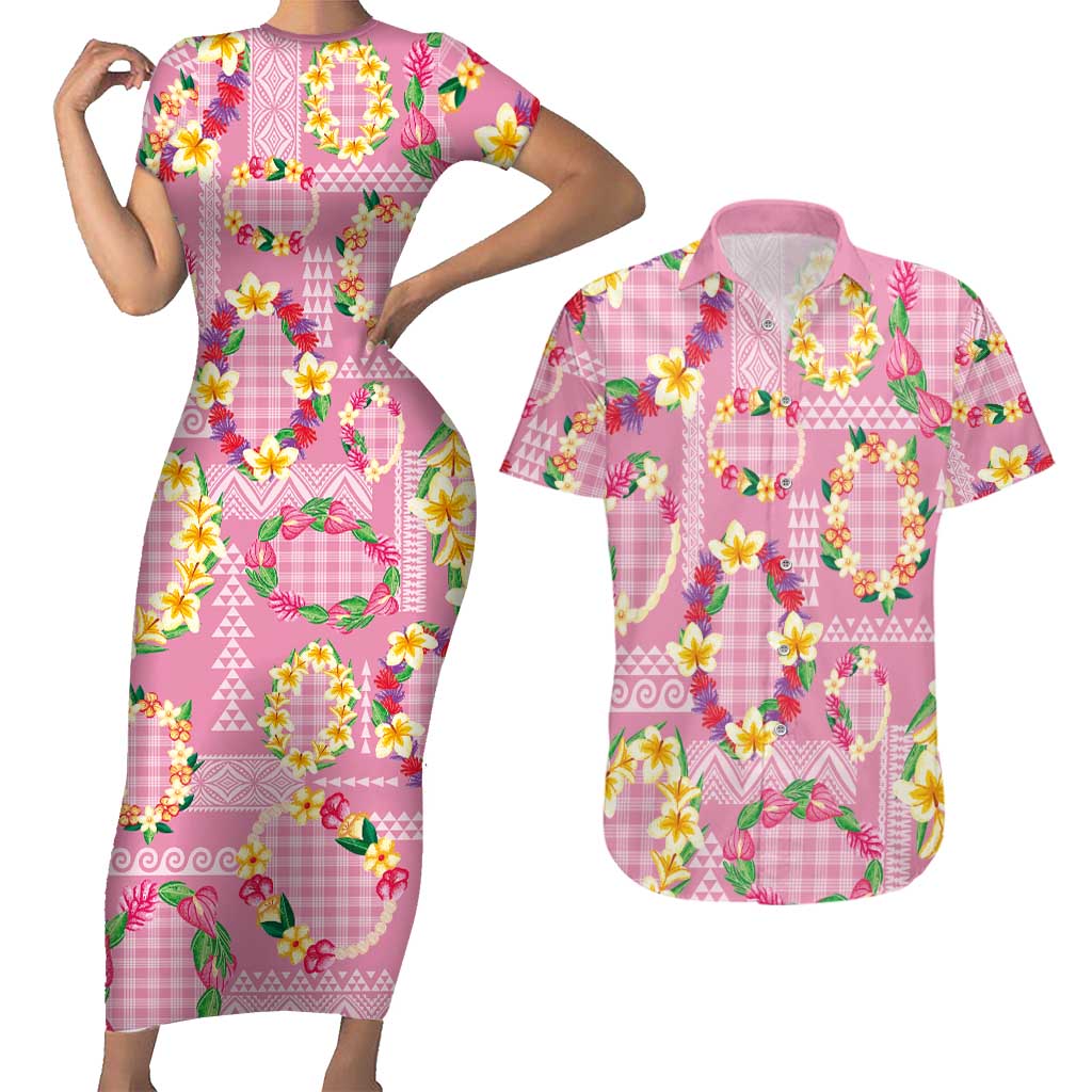 Hawaiian Leis Couples Matching Short Sleeve Bodycon Dress and Hawaiian Shirt Kakau Tattoos and Palaka Pastel Pink Color
