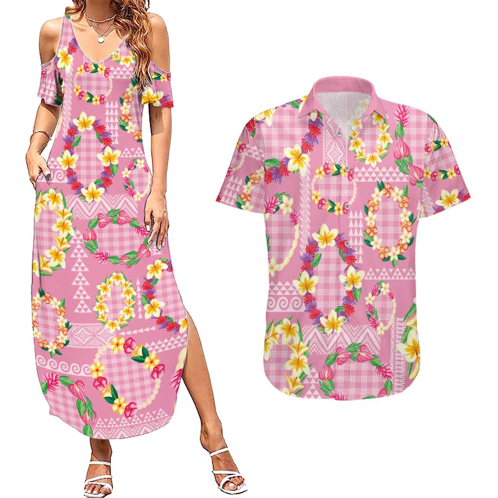 Hawaiian Leis Couples Matching Summer Maxi Dress and Hawaiian Shirt Kakau Tattoos and Palaka Pastel Pink Color