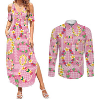 Hawaiian Leis Couples Matching Summer Maxi Dress and Long Sleeve Button Shirt Kakau Tattoos and Palaka Pastel Pink Color LT03 Pink - Polynesian Pride