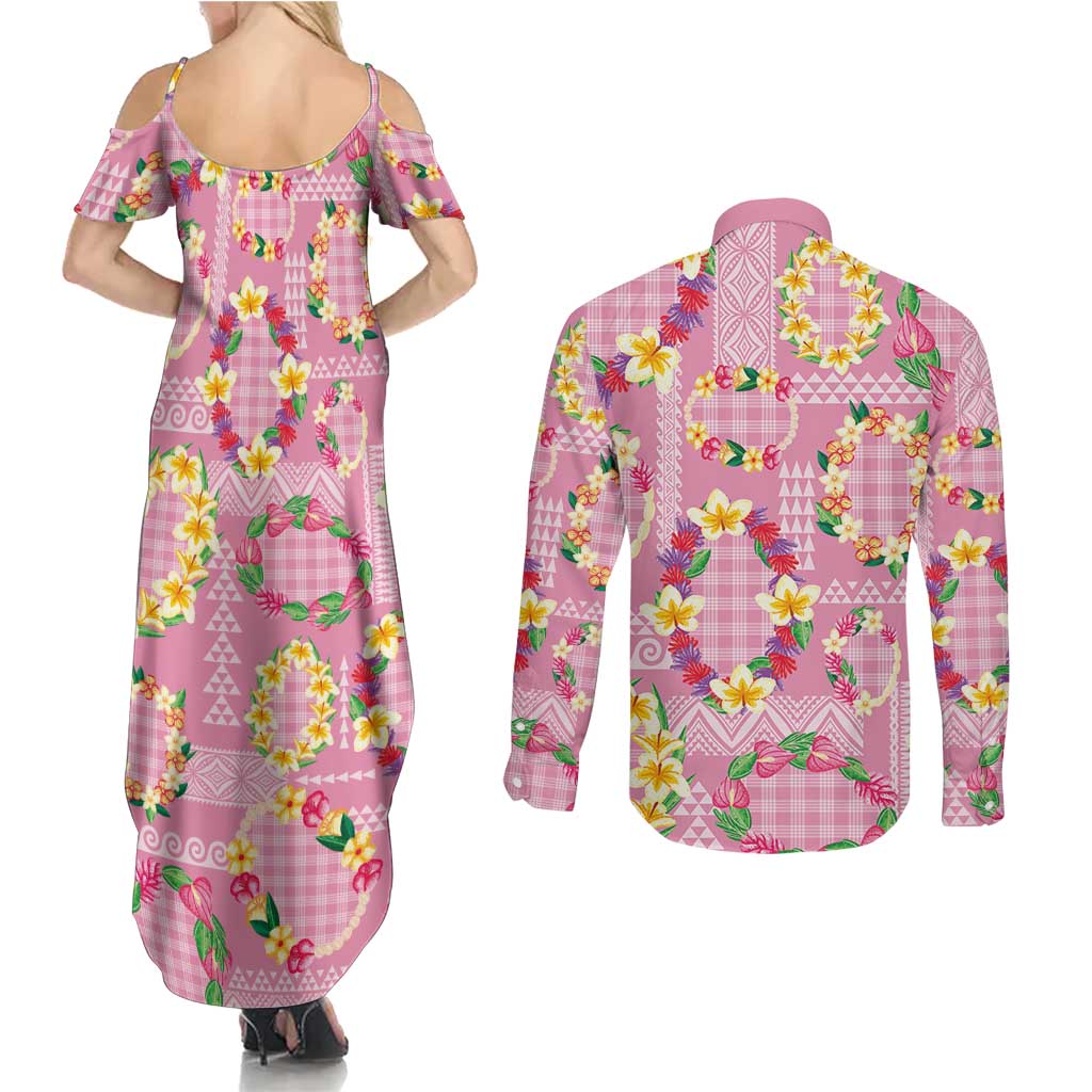 Hawaiian Leis Couples Matching Summer Maxi Dress and Long Sleeve Button Shirt Kakau Tattoos and Palaka Pastel Pink Color LT03 - Polynesian Pride