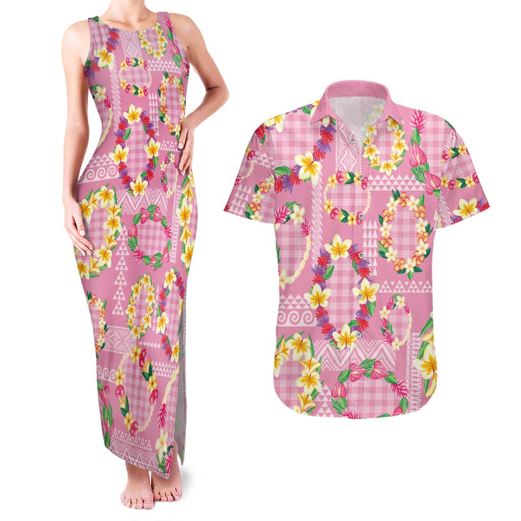 Hawaiian Leis Couples Matching Tank Maxi Dress and Hawaiian Shirt Kakau Tattoos and Palaka Pastel Pink Color LT03 Pink - Polynesian Pride
