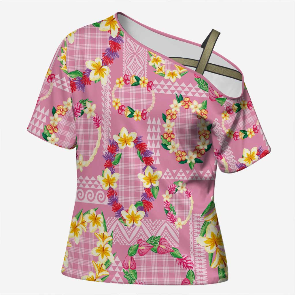 Hawaiian Leis Cross Shoulder Shirt Kakau Tattoos and Palaka Pastel Pink Color LT03 Female Pink - Polynesian Pride